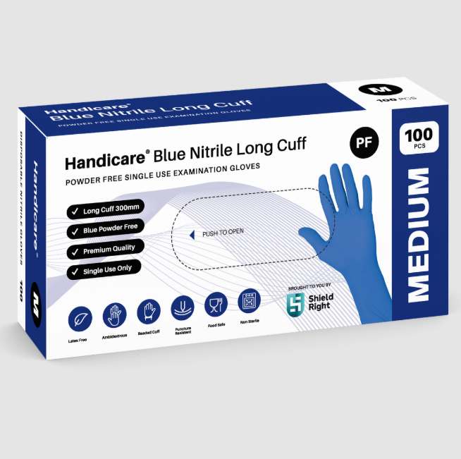 Handicare Blue Nitrile Long Cuff Powder Free-Medium