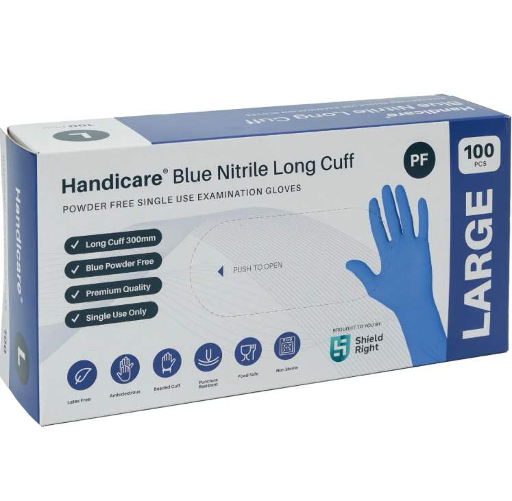 Handicare Blue Nitrile Long Cuff Powder Free-Large